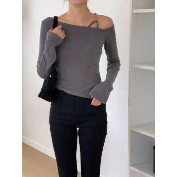 質感金屬扣斜肩Top (4 Color)