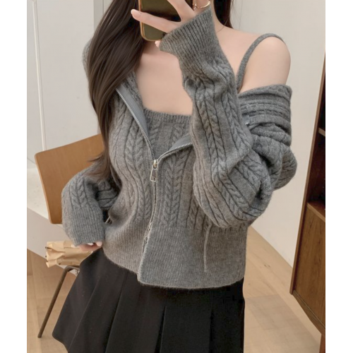 復古扭紋Top+雙拉鍊外套Set (5 Color)