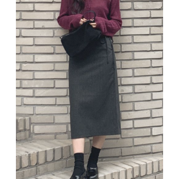 簡約直紋後開叉長裙